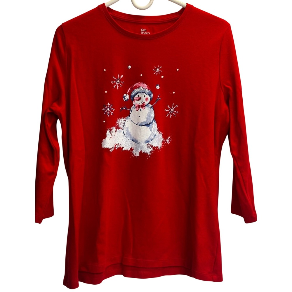 Kim Rogers Red Christmas Snowman Pearl Embellished L. Sleeve Tee Shirt‎ Womens M
